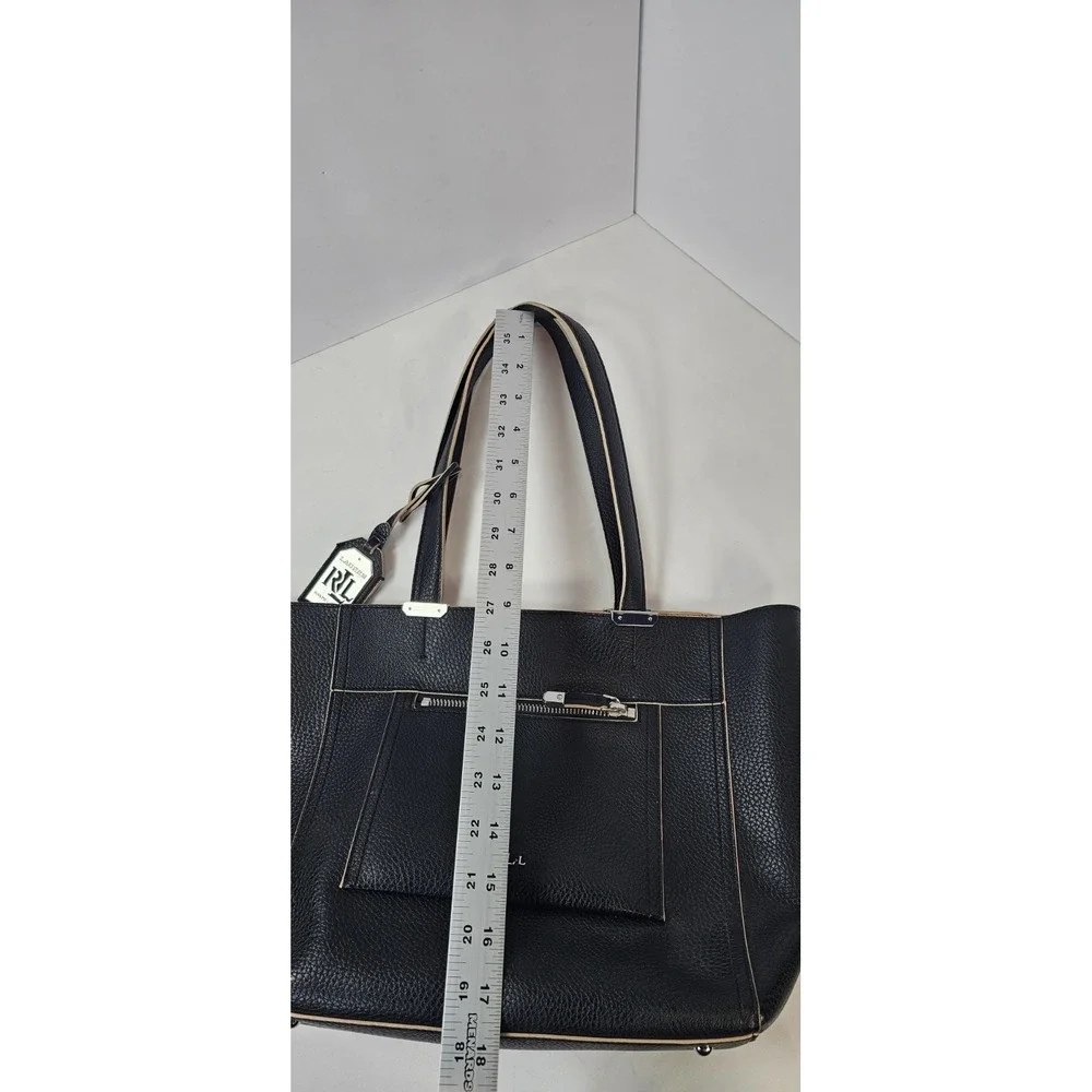 Lauren Ralph Lauren RLL Black Pebbled Leather Tote Zip Pocket‎ Metal Feet
